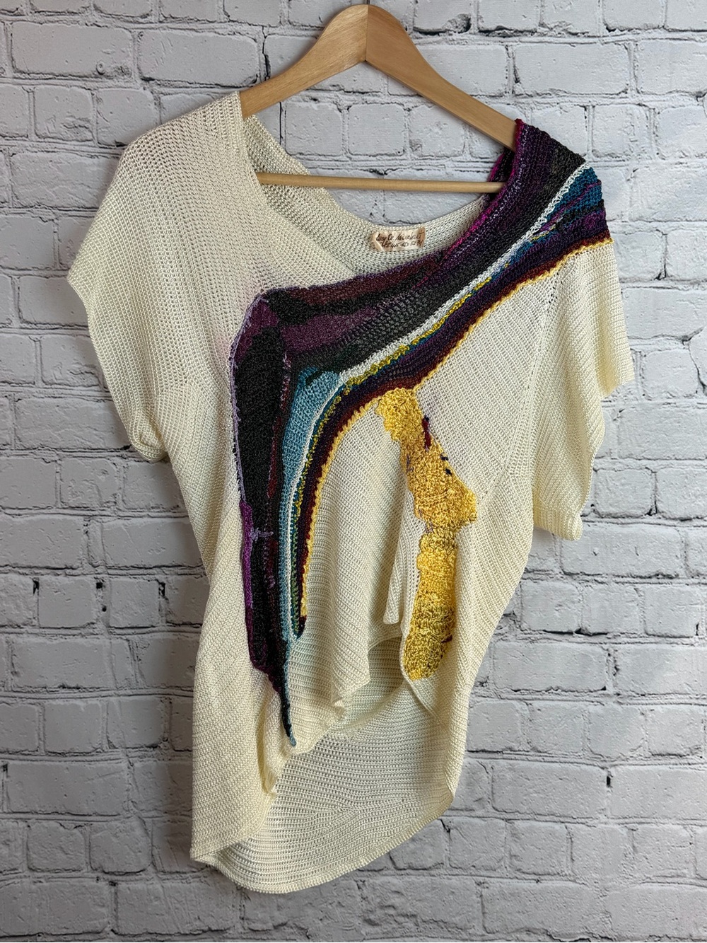 Handmade Wearable Art Sweater | One-of-a-Kind Abstract Knit Appliqué | Cream | S